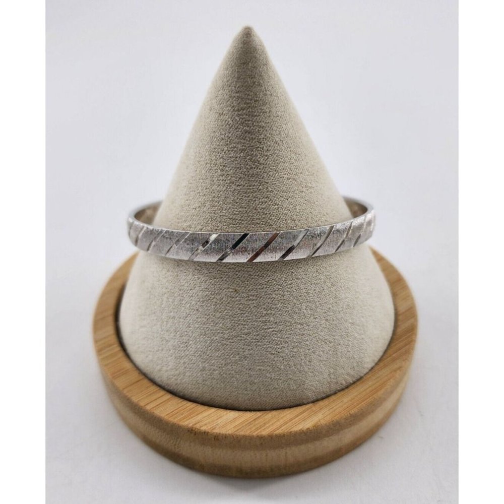 Vintage Monet Textured Brushed Silver Tone Bangle Bracelet Etched Striped Signed